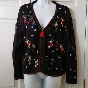 Planet & Co  Petite black holiday Christmas stocking cardigan Sz SP